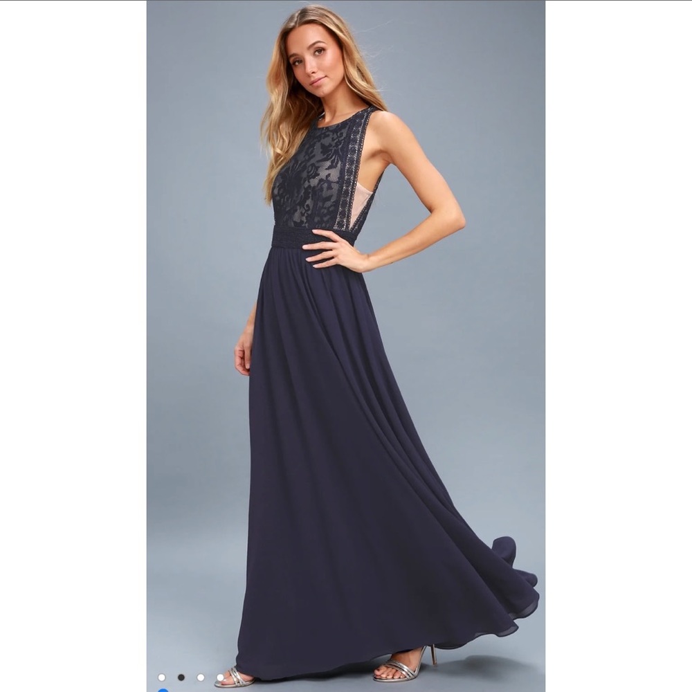 lulus Forever & Always Navy Blue Lace Maxi Dress